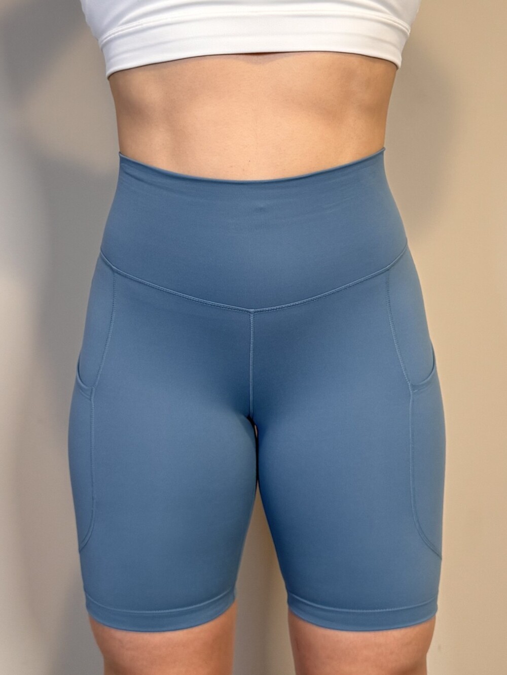 Nike ONE Women's High-Waisted 8" Biker Shorts Pockets- Dusty Blue - XS